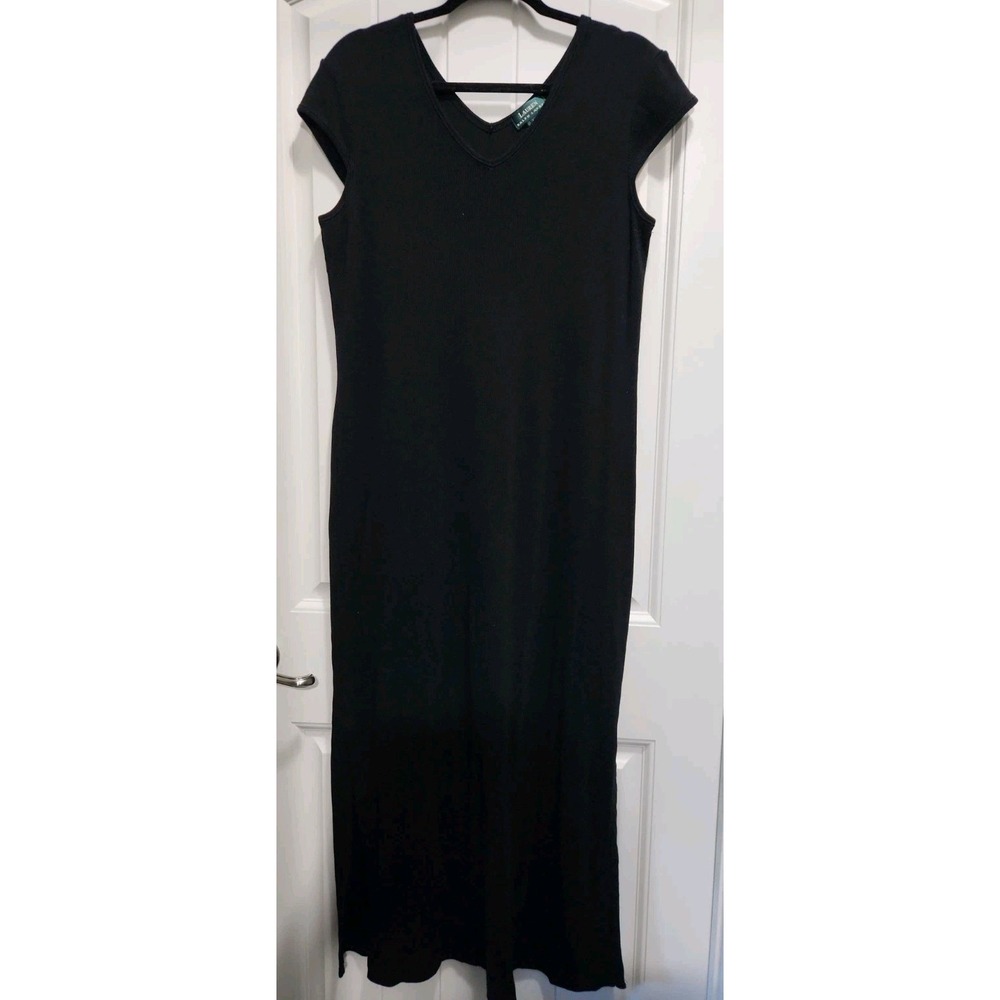 Lauren Ralph Lauren Black Ribbed Cotton V-Neck Maxi Dress XL